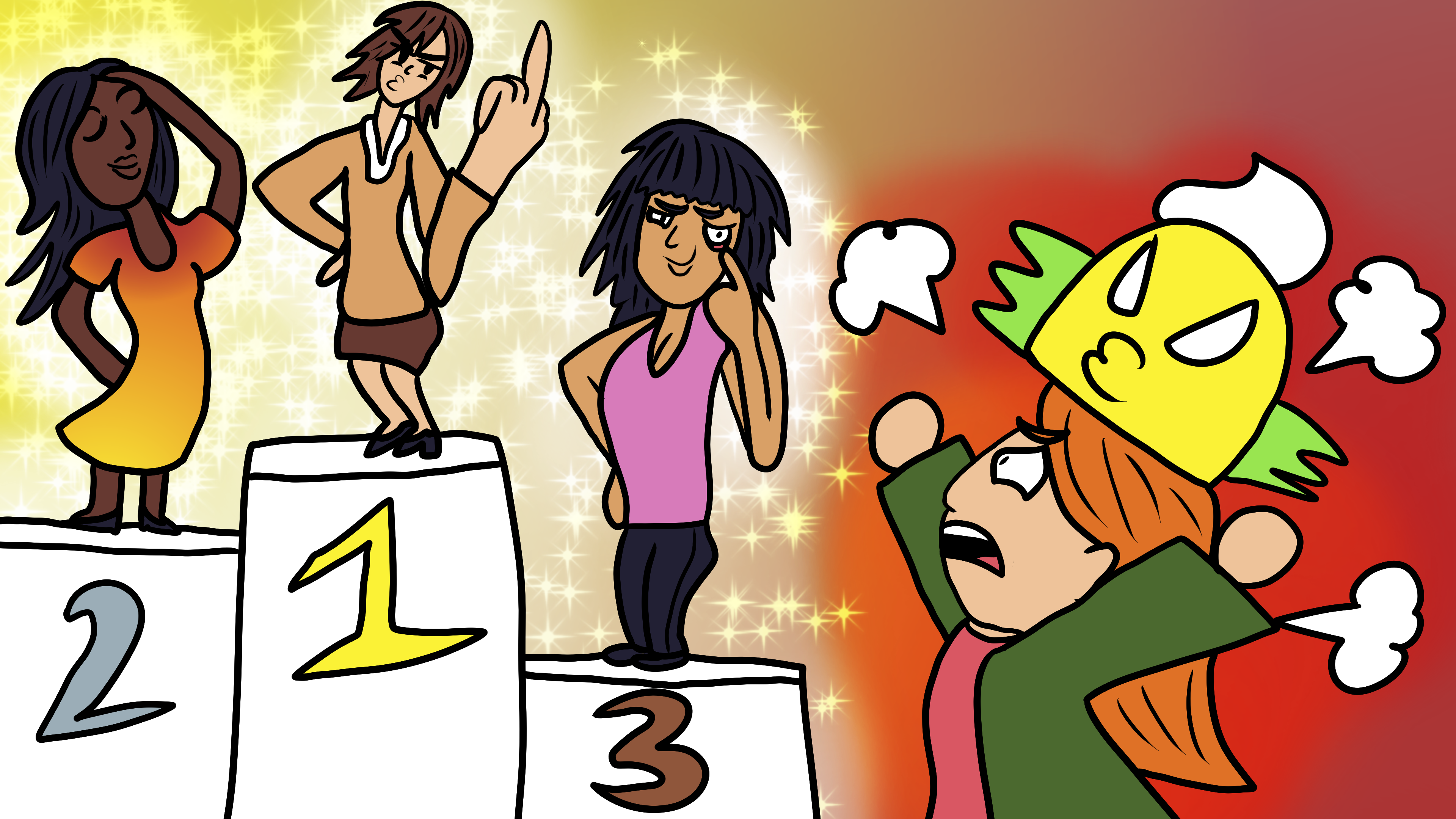 An illustration of a woman with a taco hat angry at the models on the top three podium.