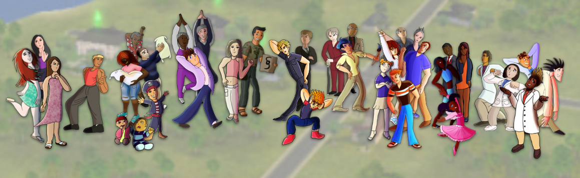 An illustration of all of the sims from the opening of the Sims 2 standing together.