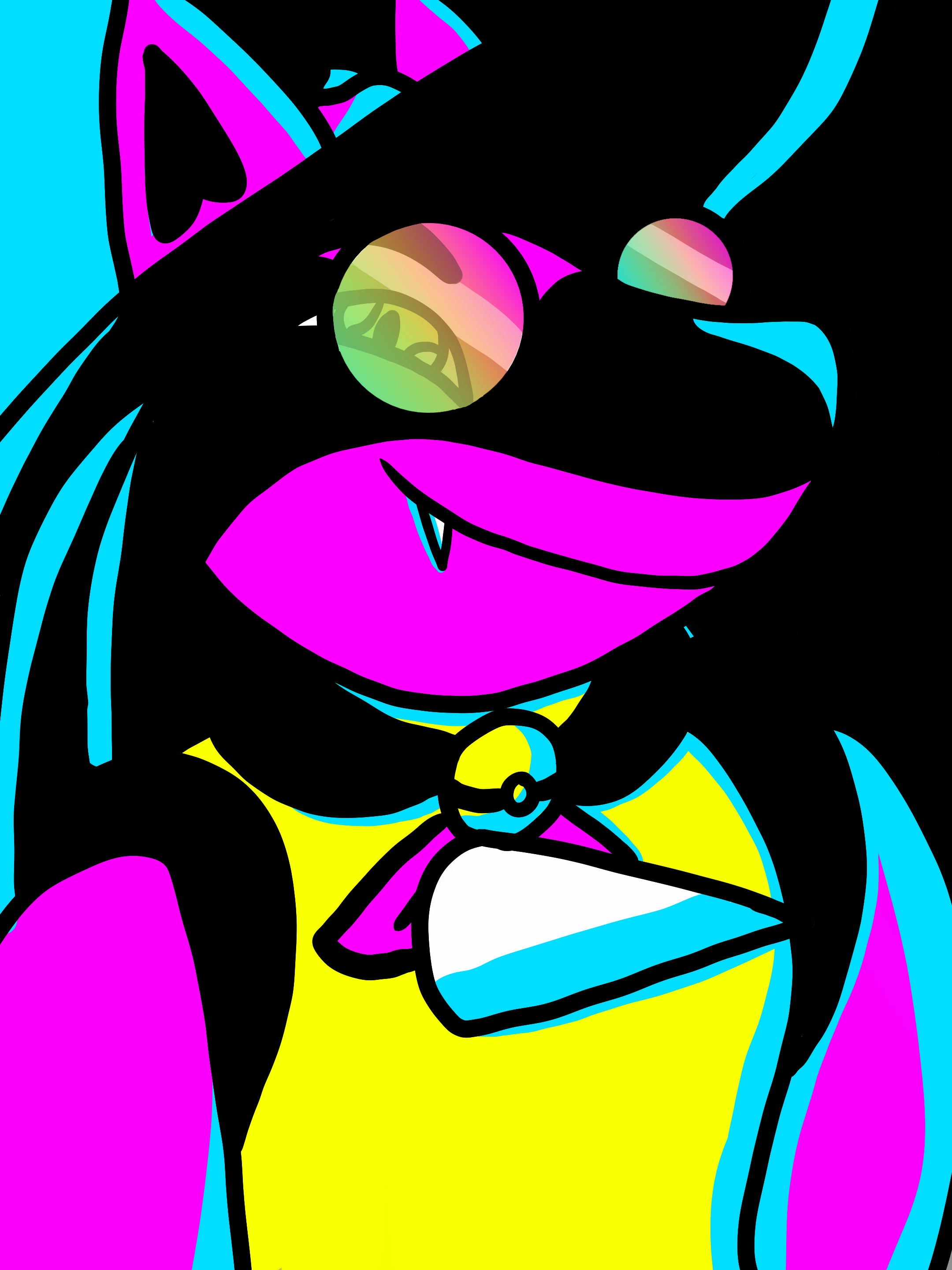 An illustration of an anthro dog drawn in hot pink, cyan and yellow.