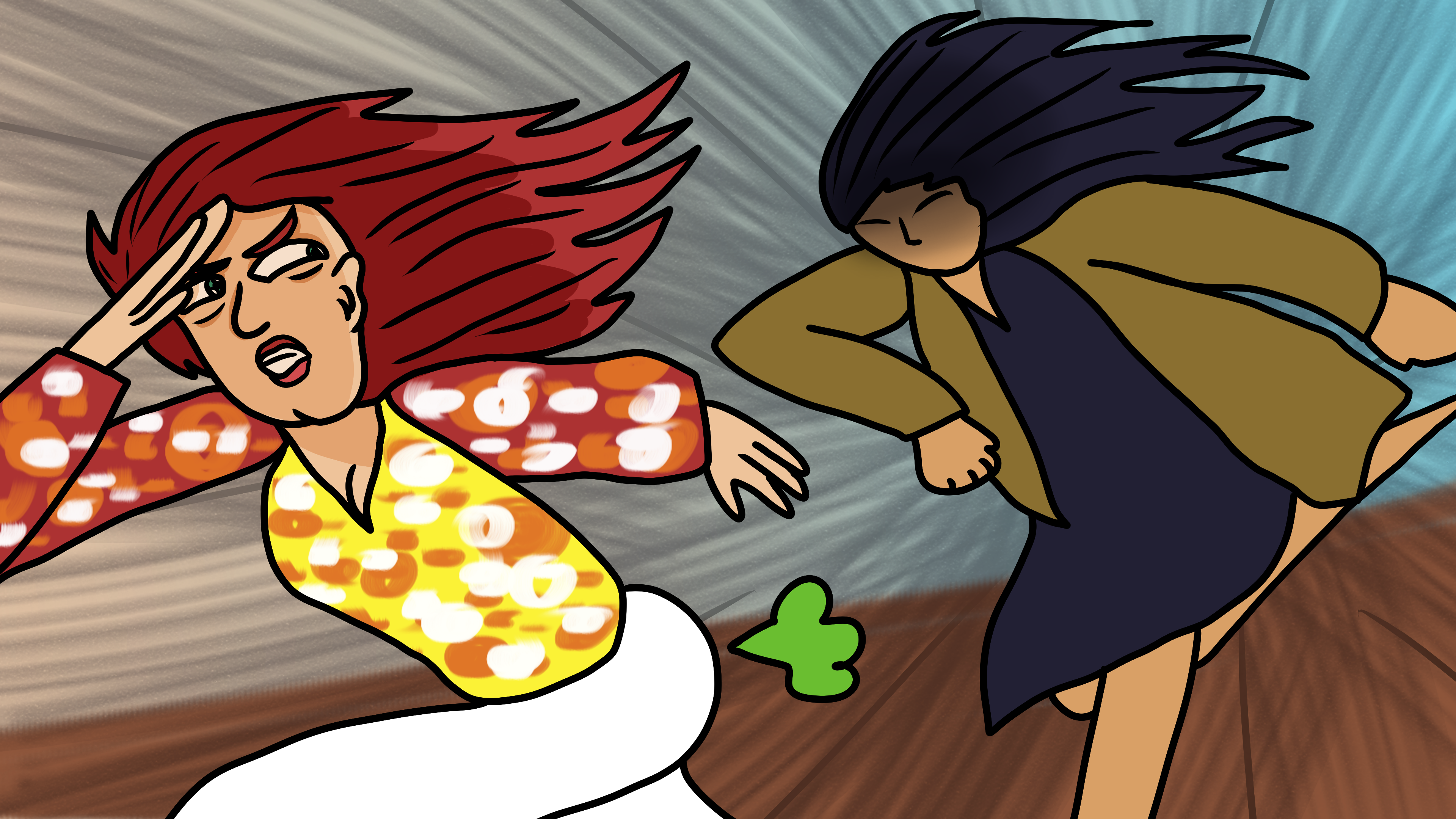 An illustration of a woman with a 70s print shirt running away from a woman with a yellow jacket.