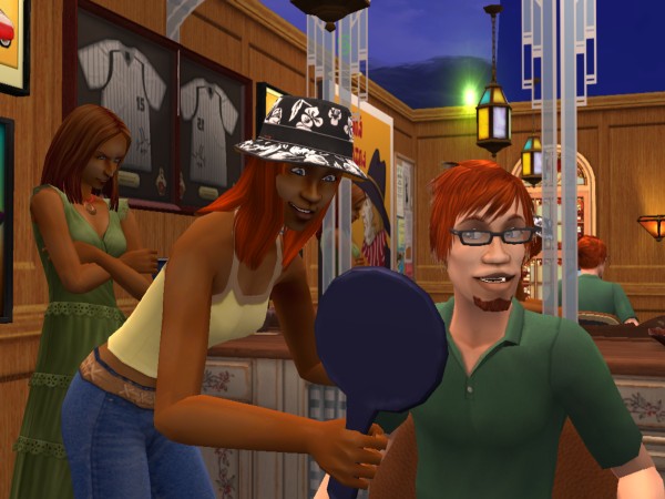 A man in a green shirt enjoying his new haircut in the Sims 2.