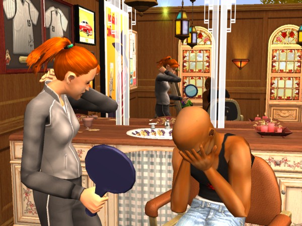 A bald man crying about his poor haircut in the Sims 2.