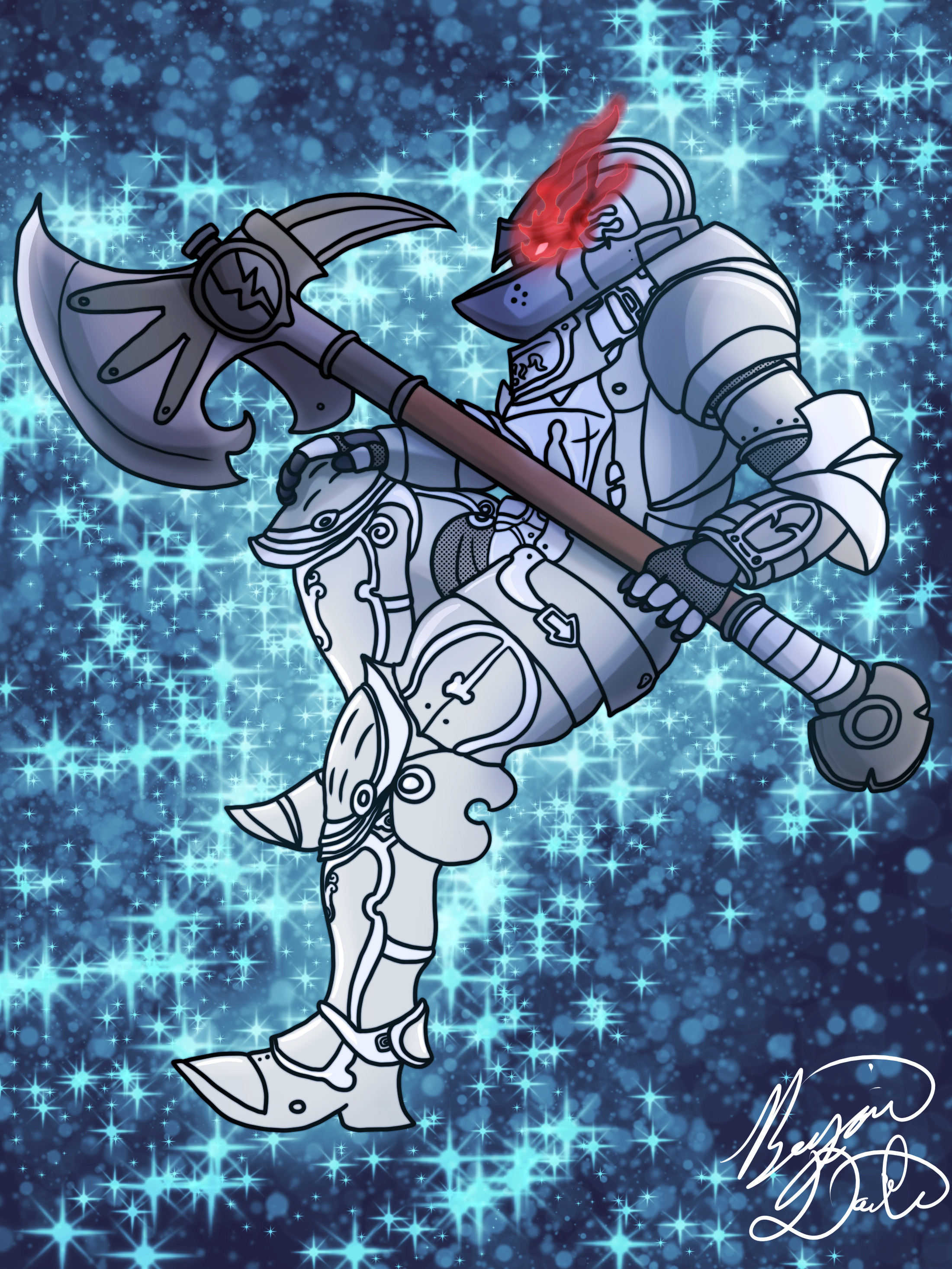 An illustration of a knight with shiny armor, a giant axe, and a flaming red eye.