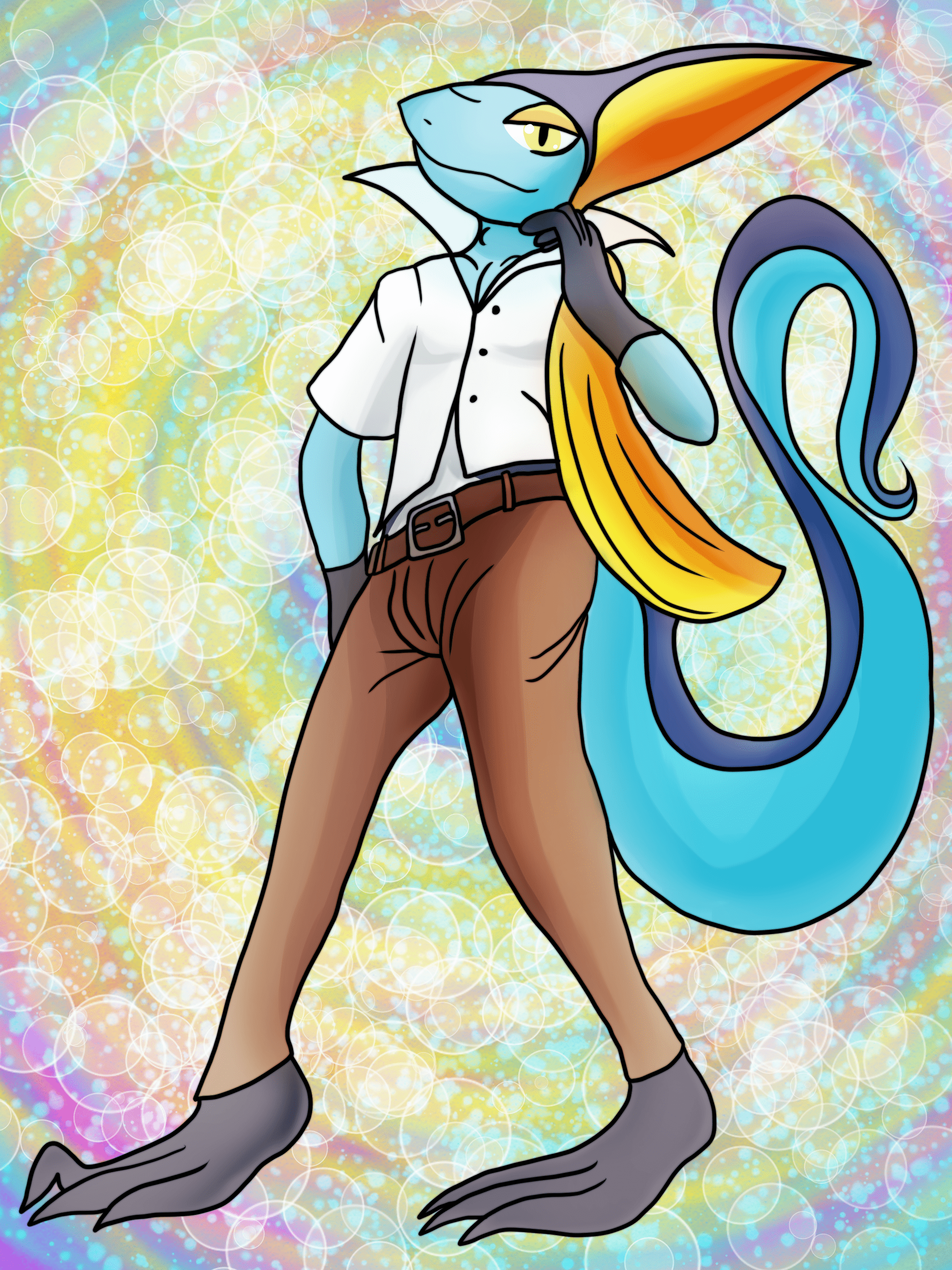 An illustration of an inteleon wearing a business casual outfit.